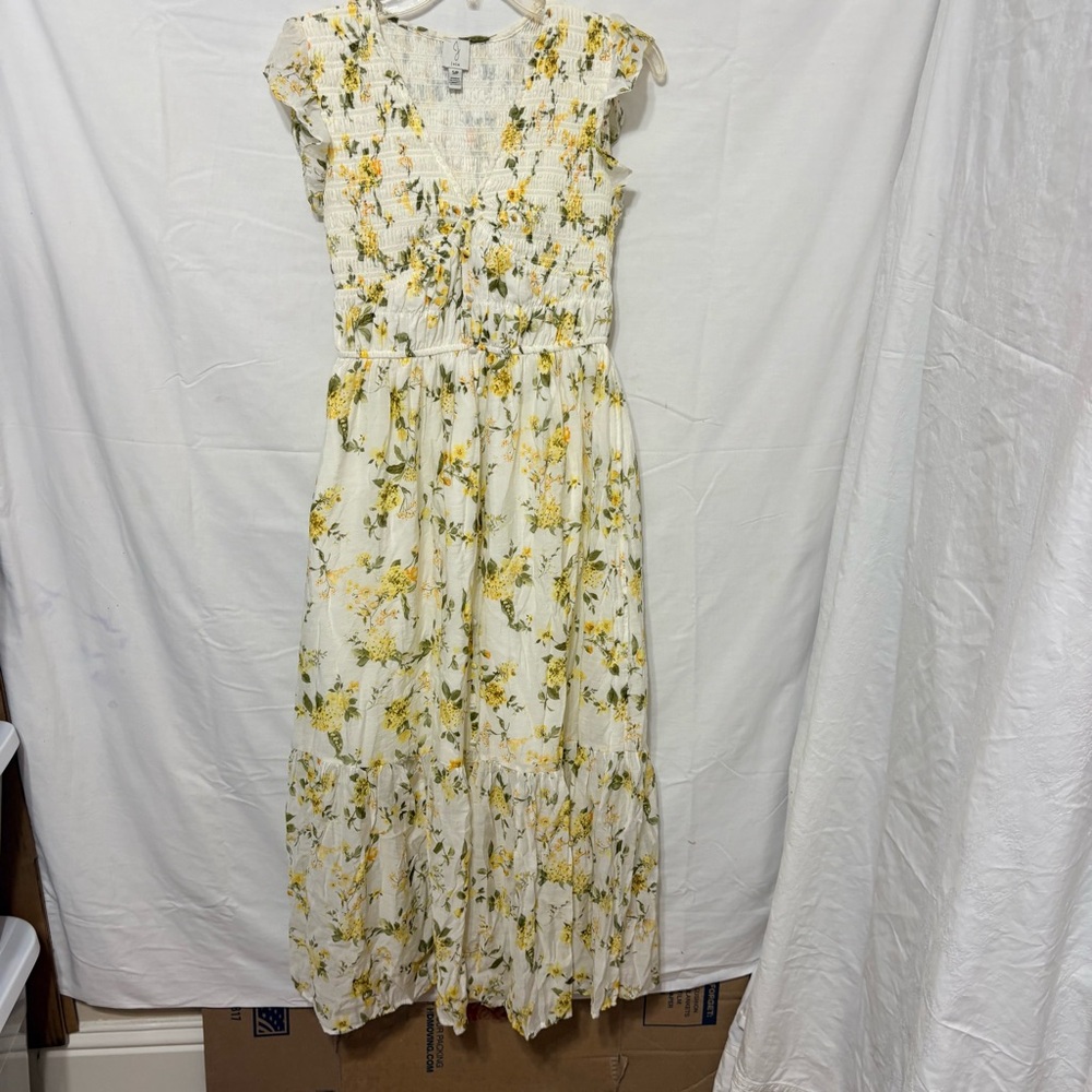 Joie Yellow and Cream Floral Maxi Smocked Bodice Dress with Flutter Sleeves - Picture 2 of 10